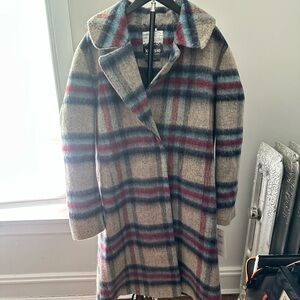 Kensie Multicolor Plaid Wool-Blend Coat with Red and Blue Accents